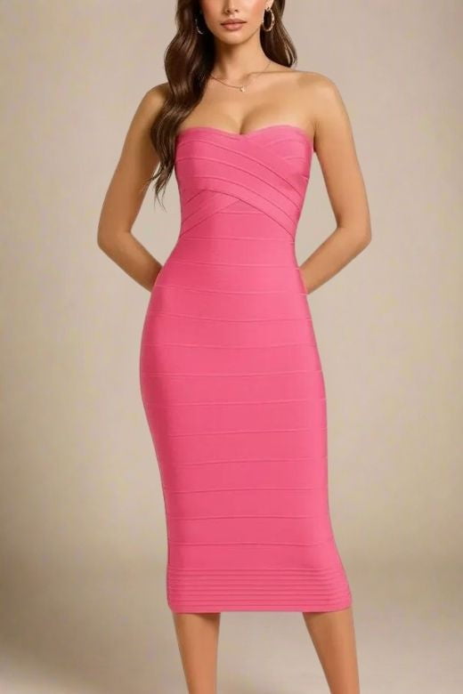 Woman wearing a figure flattering Aaliyah Bandage Midi Dress - Hot Pink BODYCON COLLECTION Pty Ltd