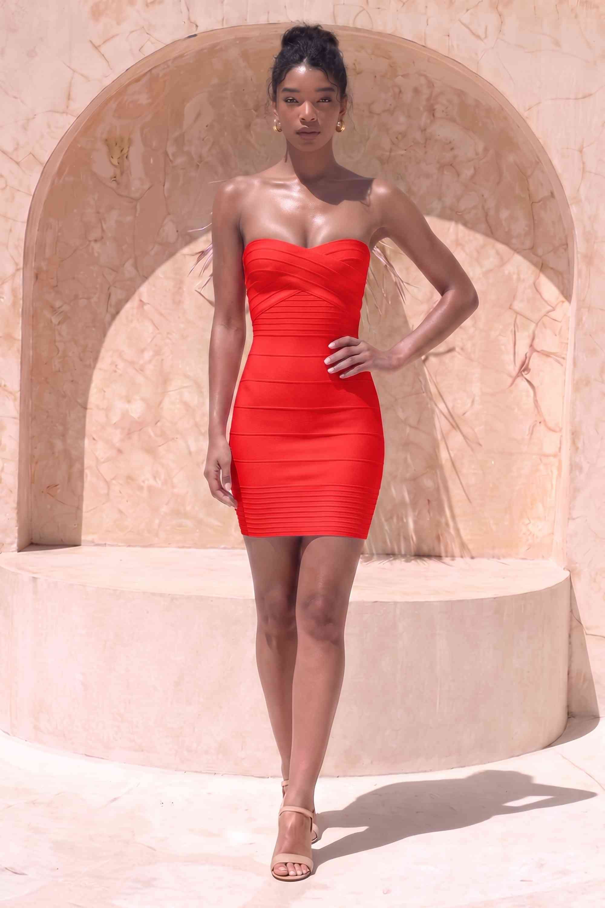 Woman wearing a figure flattering Aaliyah Bandage Mini Dress - Lipstick Red BODYCON COLLECTION