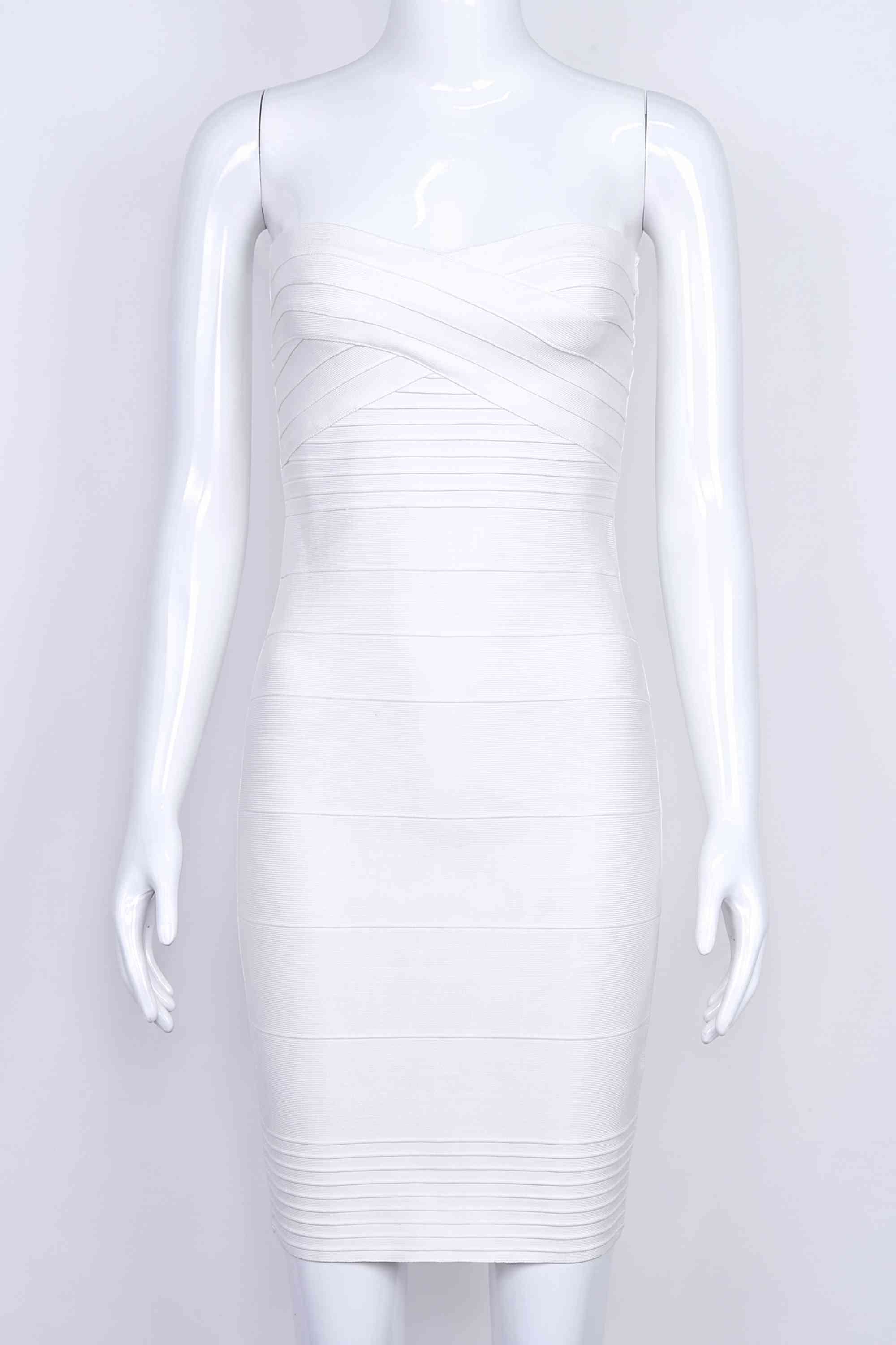 Woman wearing a figure flattering Aaliyah Bandage Mini Dress - White Pearl BODYCON COLLECTION