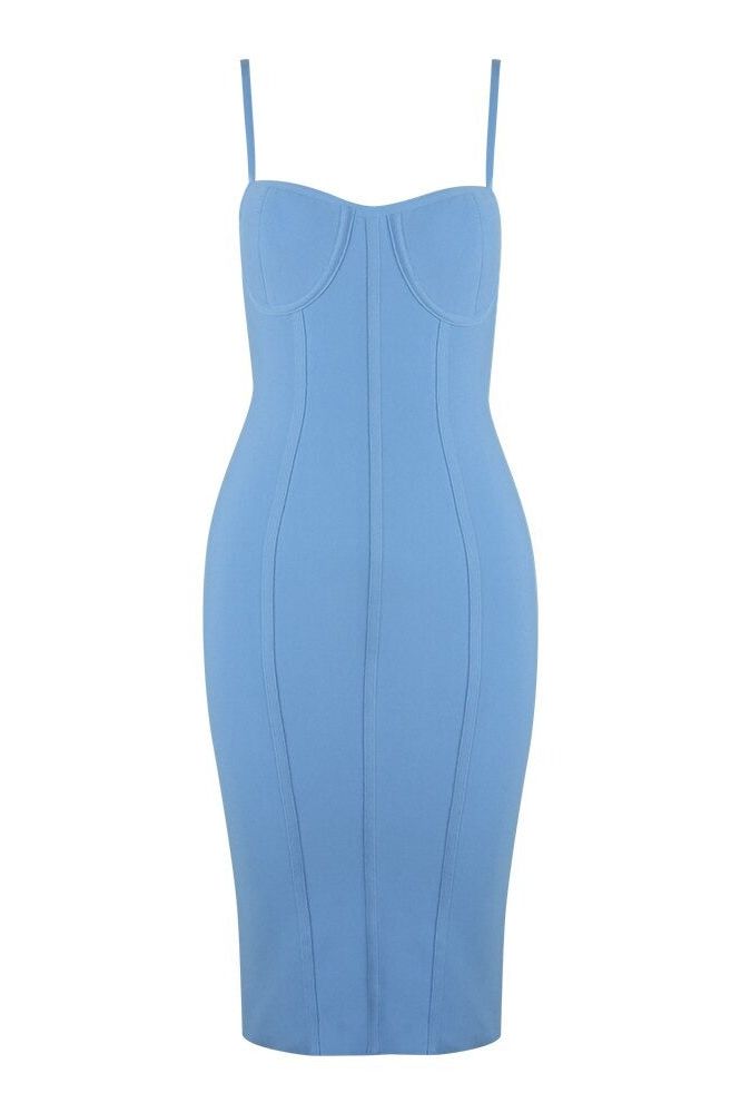Woman wearing a figure flattering Abi Bandage Dress - Sky Blue Bodycon Collection