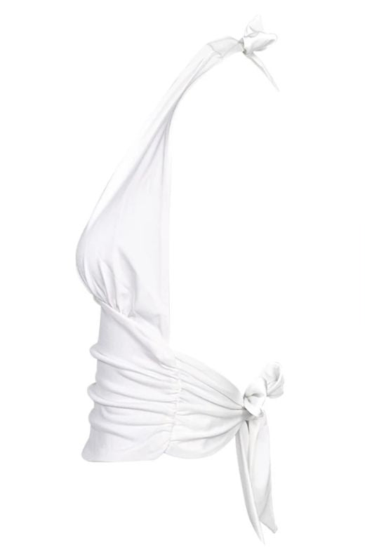 Woman wearing a figure flattering Aby Halter Top - White Pearl BODYCON COLLECTION Pty Ltd