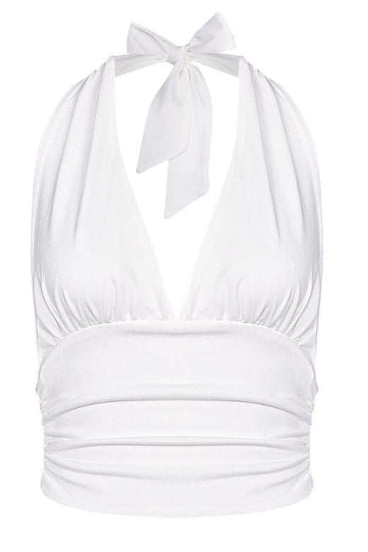 Woman wearing a figure flattering Aby Halter Top - White Pearl BODYCON COLLECTION Pty Ltd