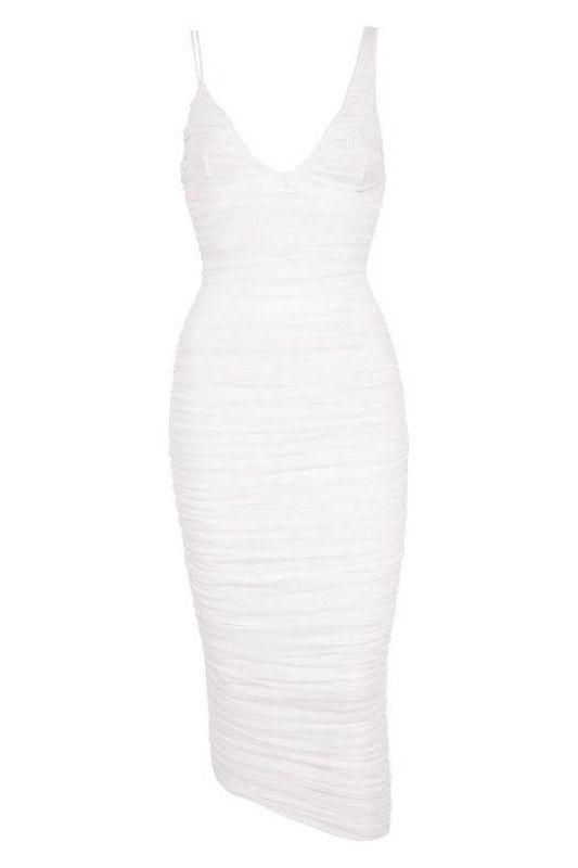 Woman wearing a figure flattering Adele Bodycon Wrap Midi Dress - Pearl White BODYCON COLLECTION