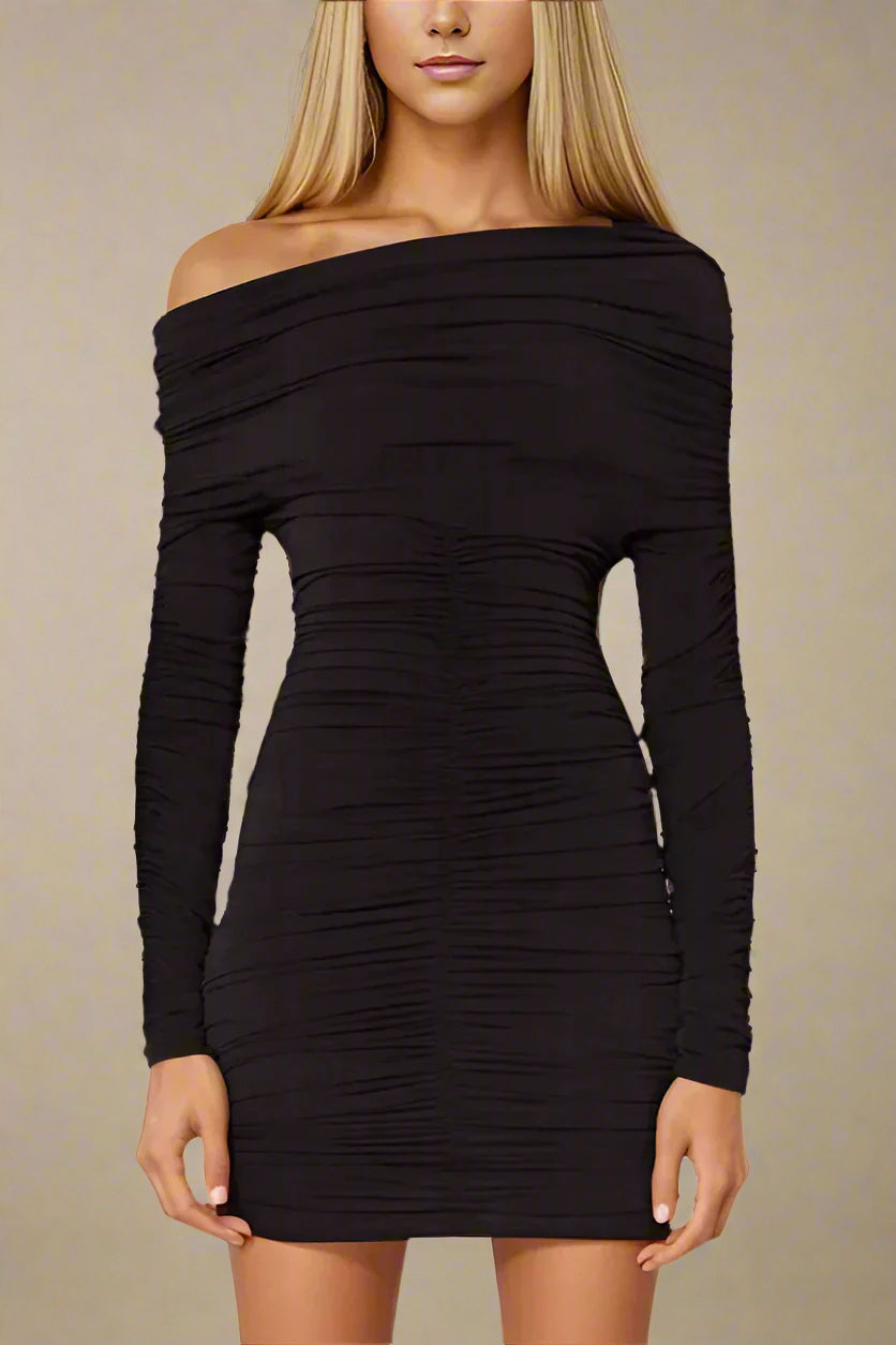 Woman wearing a figure flattering Alessandra Long Sleeve Wrap Bodycon Mini Dress - Classic Black BODYCON COLLECTION