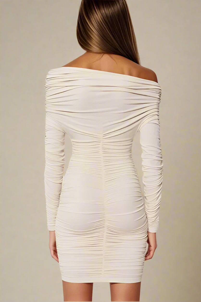 Woman wearing a figure flattering Alessandra Long Sleeve Wrap Bodycon Mini Dress - Cream BODYCON COLLECTION