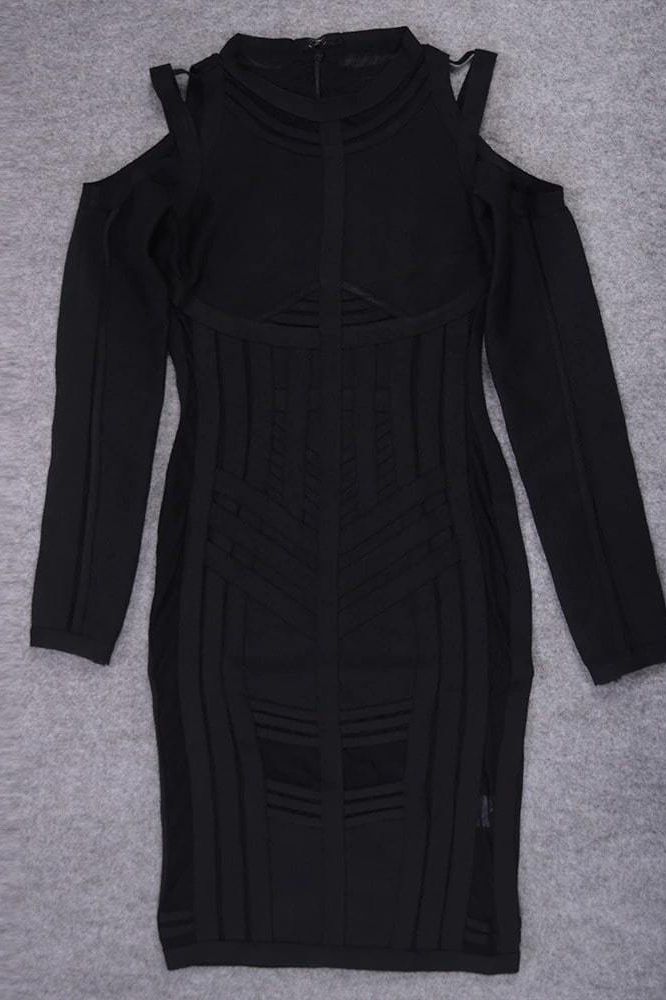 Woman wearing a figure flattering Amelia Long Sleeve Bandage Dress - Classic Black BODYCON COLLECTION