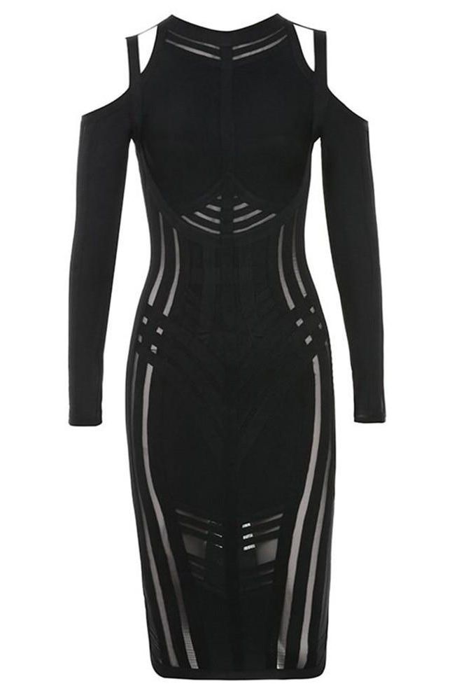 Woman wearing a figure flattering Amelia Long Sleeve Bandage Dress - Classic Black BODYCON COLLECTION