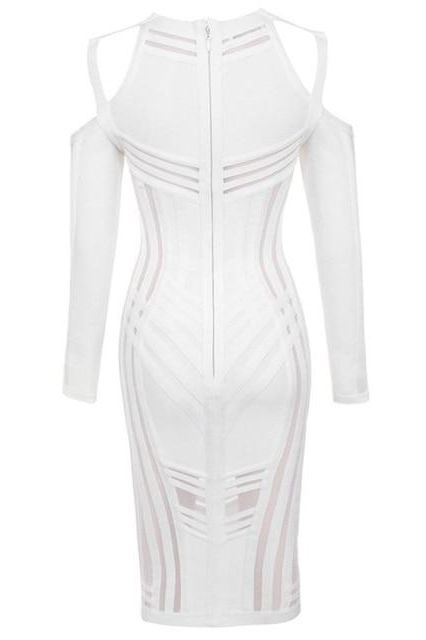 Woman wearing a figure flattering Amelia Long Sleeve Bandage Dress - Pearl White BODYCON COLLECTION