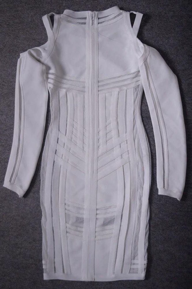 Woman wearing a figure flattering Amelia Long Sleeve Bandage Dress - Pearl White BODYCON COLLECTION