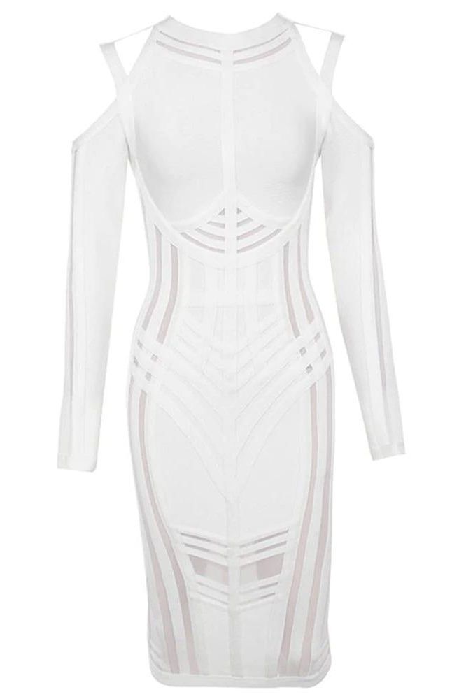 Woman wearing a figure flattering Amelia Long Sleeve Bandage Dress - Pearl White BODYCON COLLECTION