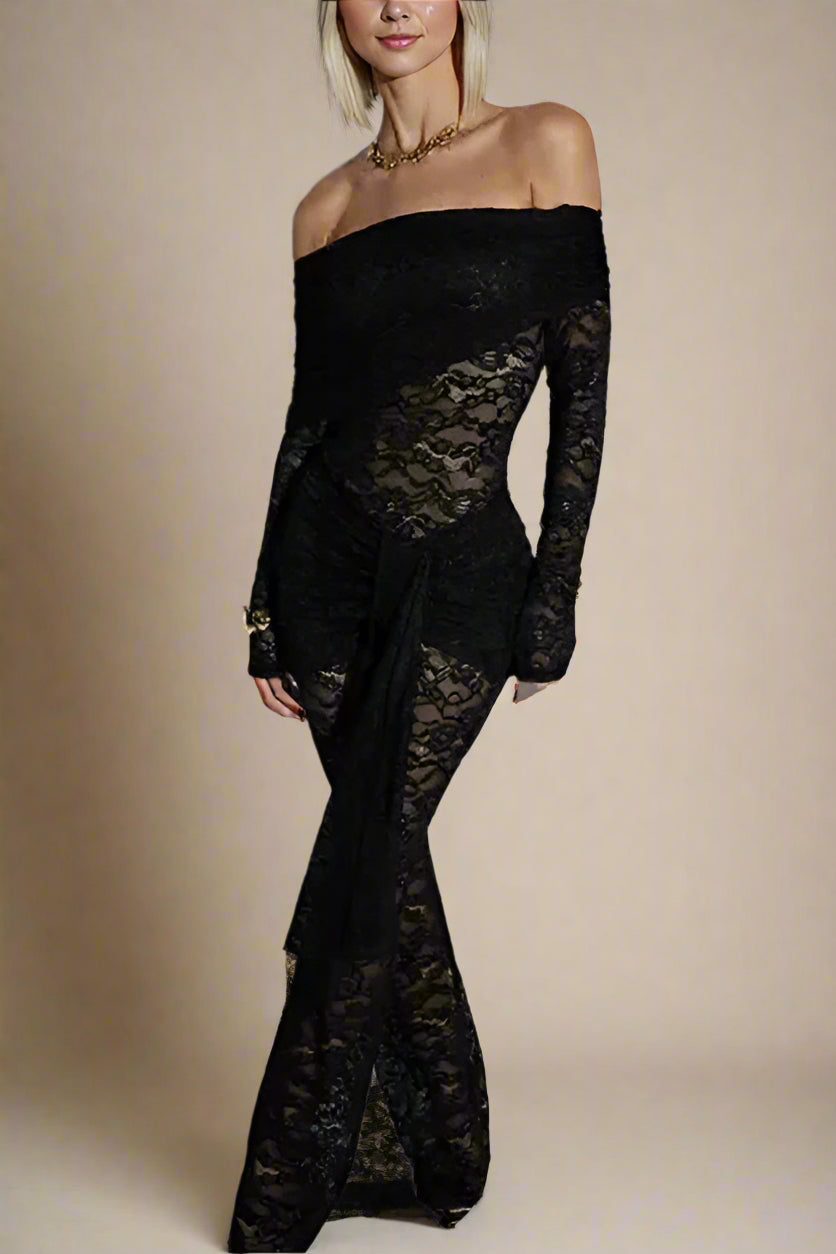 Woman wearing a figure flattering Andie Long Sleeve Bodycon Wrap Jumpsuit - Classic Black BODYCON COLLECTION