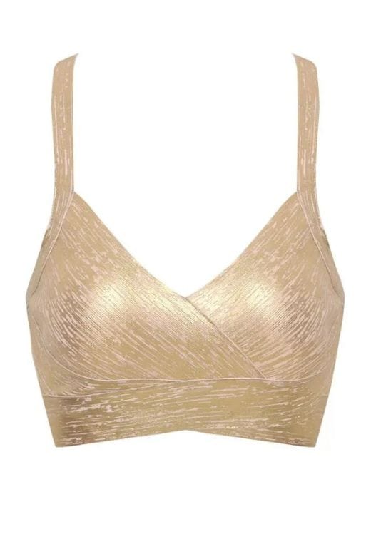 Woman wearing a figure flattering Ang Bandage Crop Top - Gold BODYCON COLLECTION