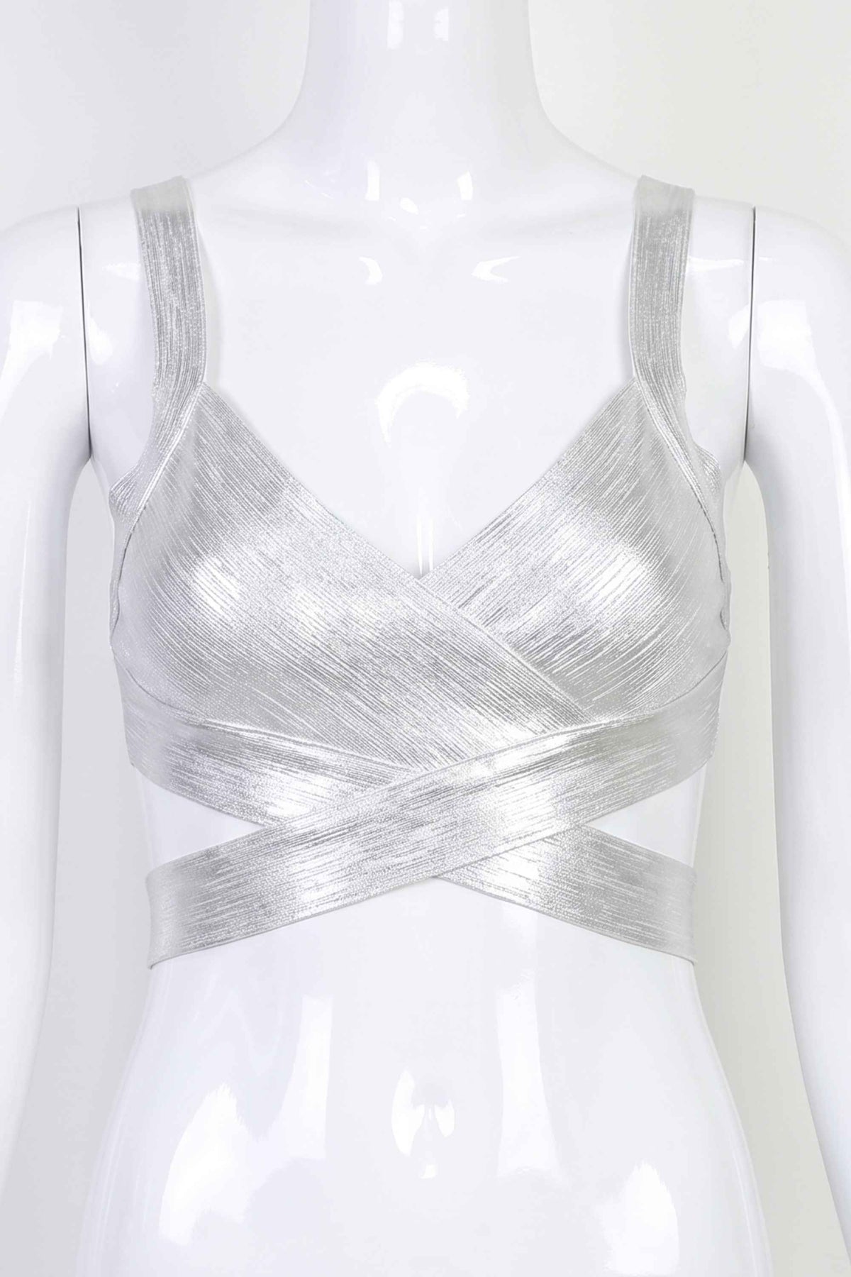 Woman wearing a figure flattering Ang Bandage Crop Top - Silver BODYCON COLLECTION