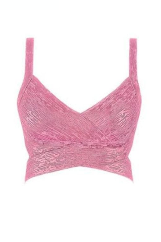 Woman wearing a figure flattering Ang Bandage Metallic Crop Top - Hot Pink BODYCON COLLECTION