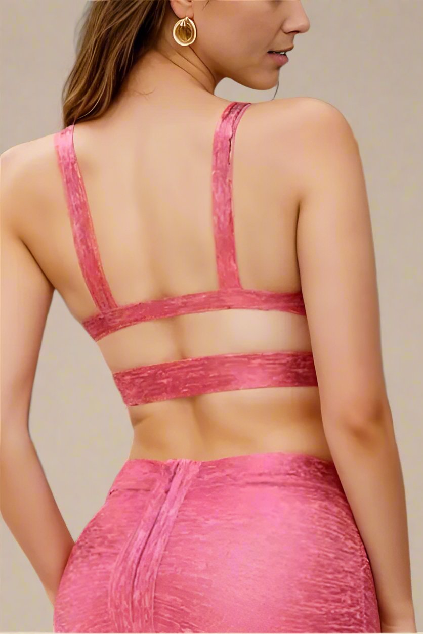 Woman wearing a figure flattering Ang Bandage Metallic Crop Top - Hot Pink BODYCON COLLECTION