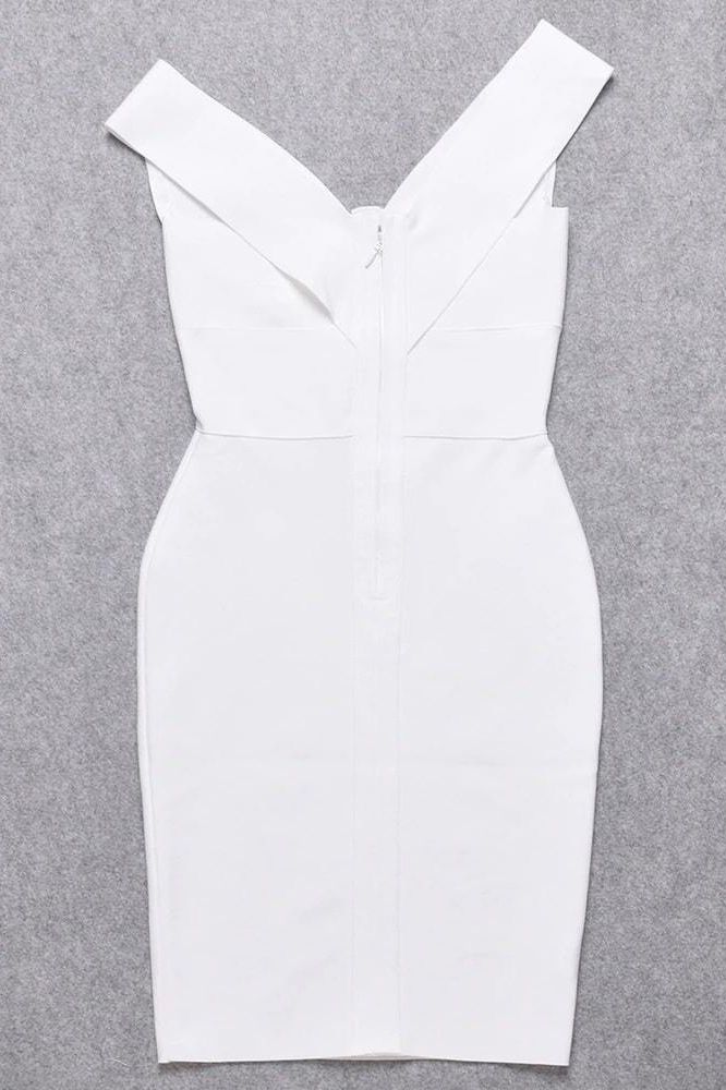 Woman wearing a figure flattering Ash Bandage Dress - Pearl White Bodycon Collection