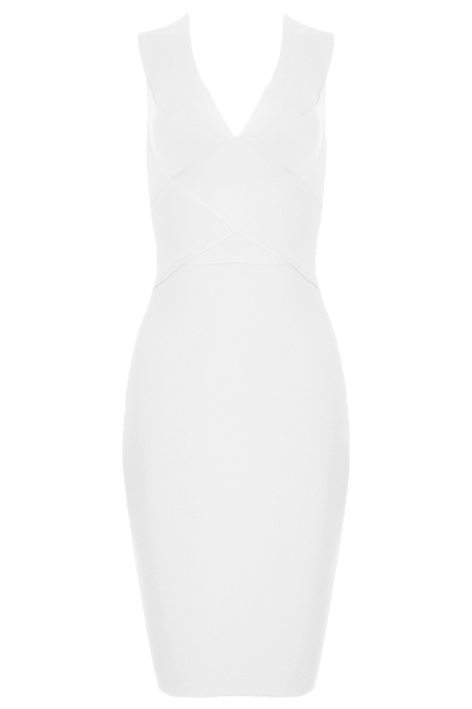 Woman wearing a figure flattering Ash Bandage Dress - Pearl White Bodycon Collection