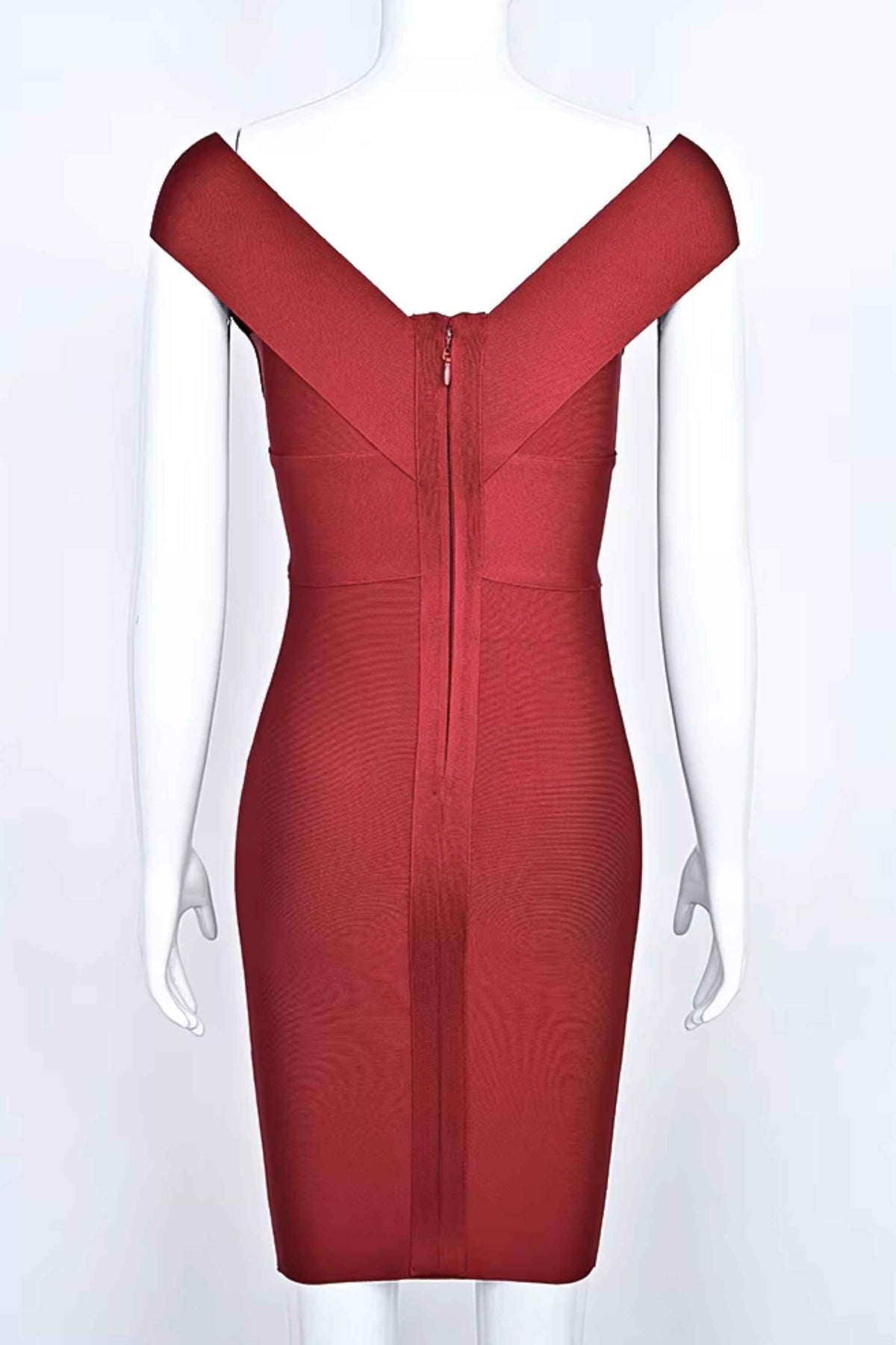 Woman wearing a figure flattering Ash Bandage Dress - Red Wine Bodycon Collection