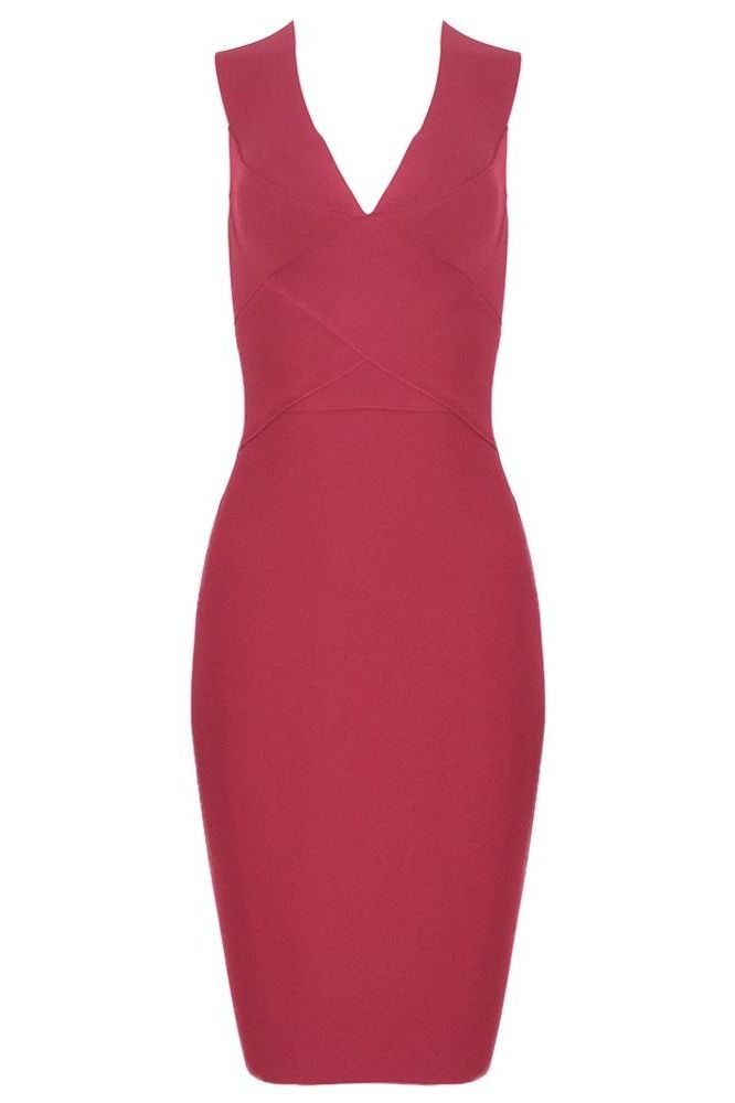 Woman wearing a figure flattering Ash Bandage Dress - Red Wine Bodycon Collection