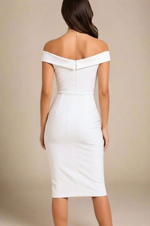 Woman wearing a figure flattering Ash Bandage Dress - White Pearl Bodycon Collection
