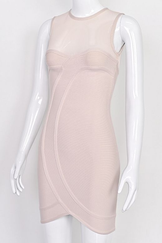 Woman wearing a figure flattering Aspen Bodycon Mini Dress - Nude BODYCON COLLECTION Pty Ltd