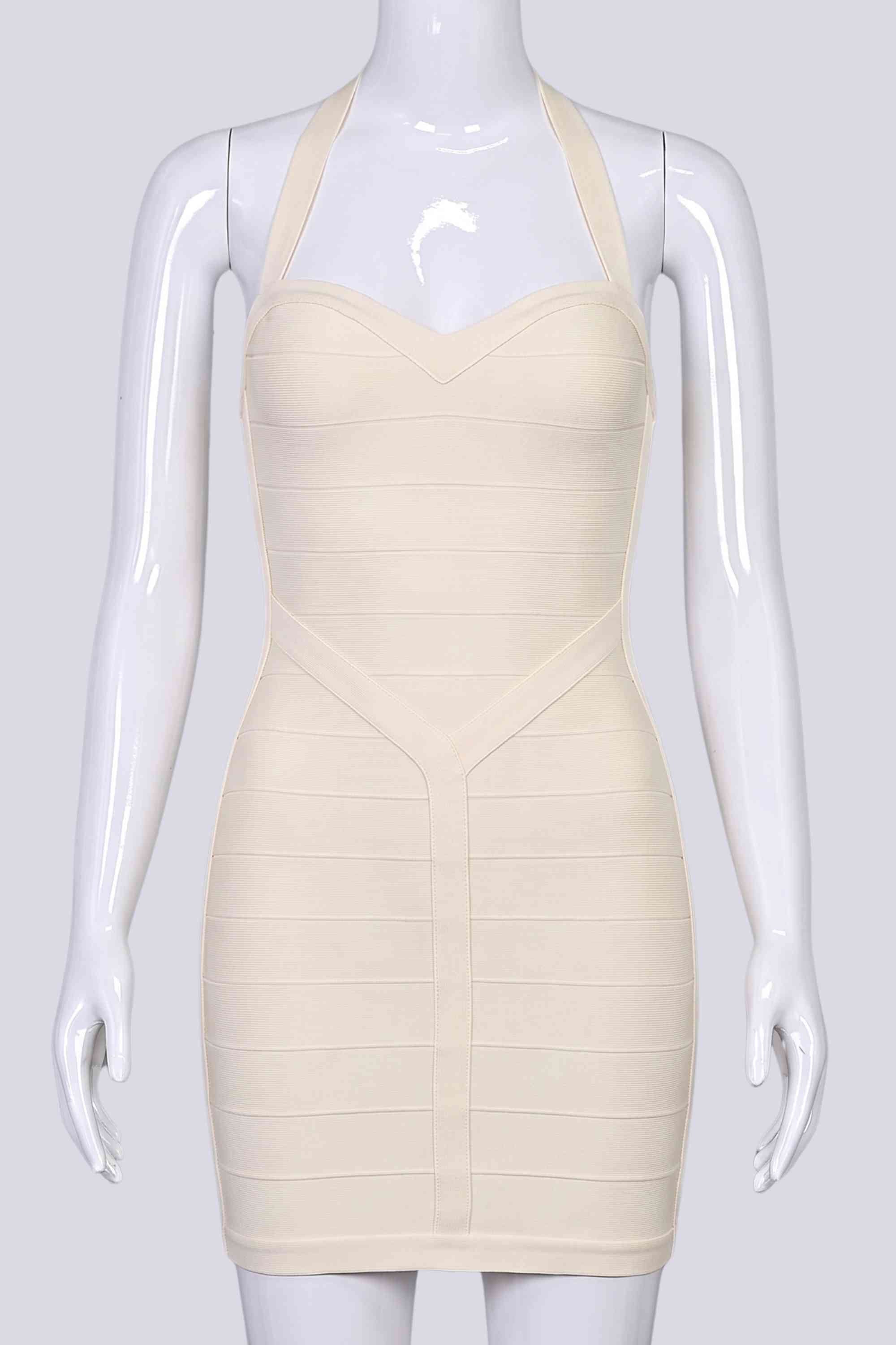 Woman wearing a figure flattering Athena Bandage Mini Dress - Cream BODYCON COLLECTION Pty Ltd