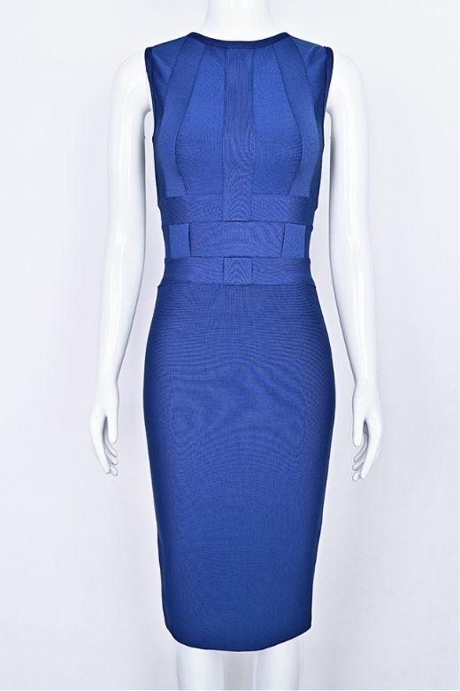 Woman wearing a figure flattering Aurora Bandage Dress - Navy Blue BODYCON COLLECTION Pty Ltd
