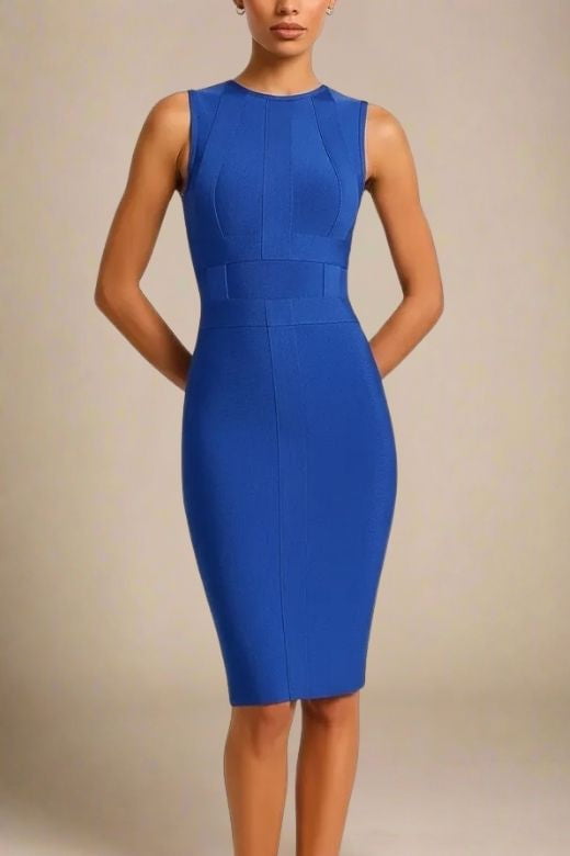 Woman wearing a figure flattering Aurora Bandage Dress - Navy Blue BODYCON COLLECTION Pty Ltd