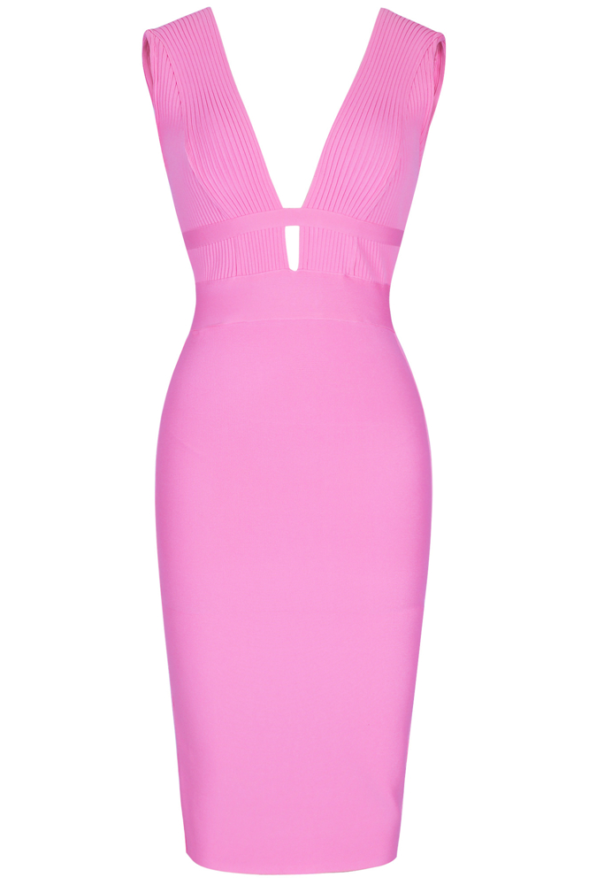 Woman wearing a figure flattering Bay Bandage Dress - Blush Pink Bodycon Collection