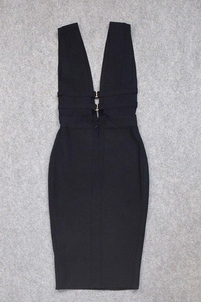 Woman wearing a figure flattering Bay Bandage Dress - Classic Black Bodycon Collection