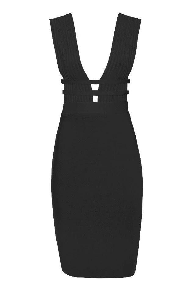 Woman wearing a figure flattering Bay Bandage Dress - Classic Black Bodycon Collection