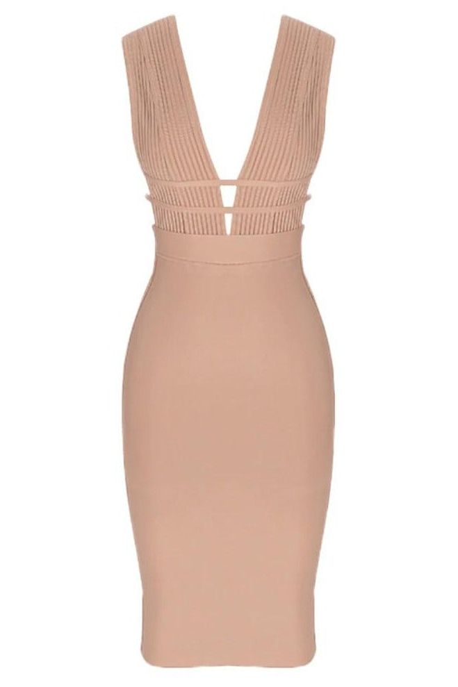 Woman wearing a figure flattering Bay Bandage Dress - Nude Bodycon Collection