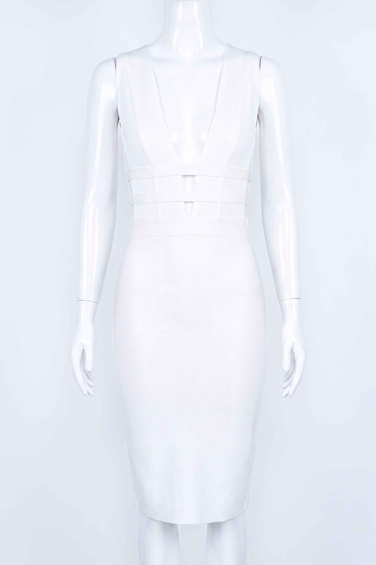 Woman wearing a figure flattering Bay Bandage Dress - Pearl White Bodycon Collection