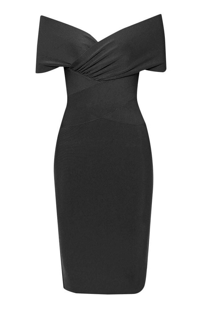 Woman wearing a figure flattering Bea Bandage Dress - Classic Black Bodycon Collection