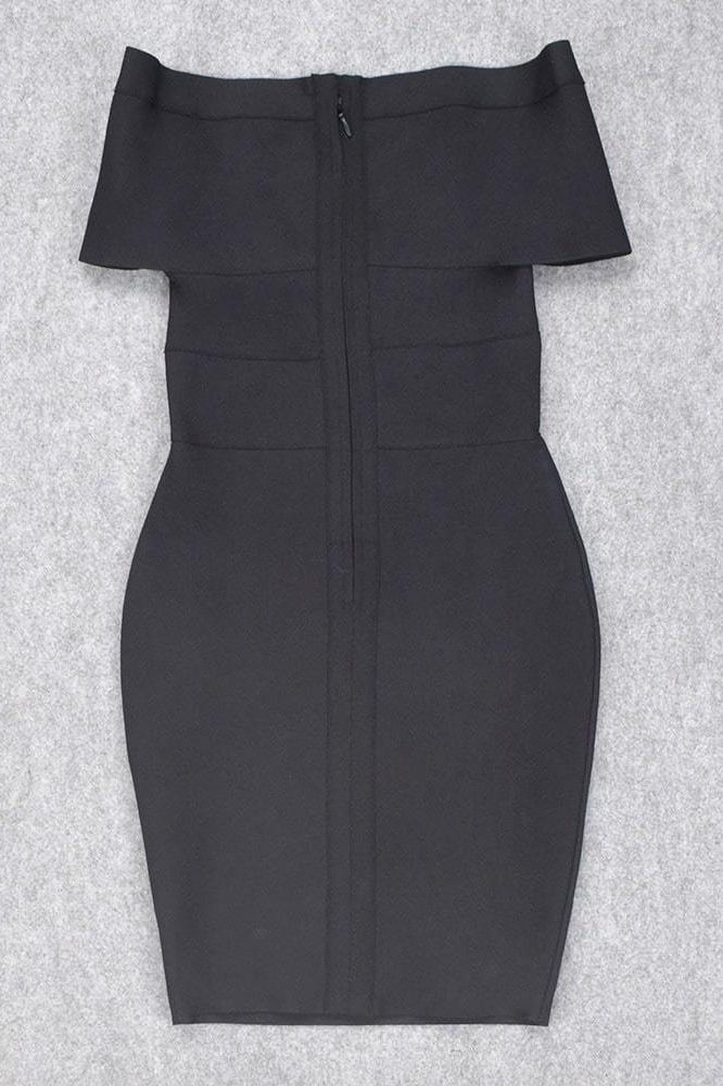 Woman wearing a figure flattering Bea Bandage Dress - Classic Black Bodycon Collection