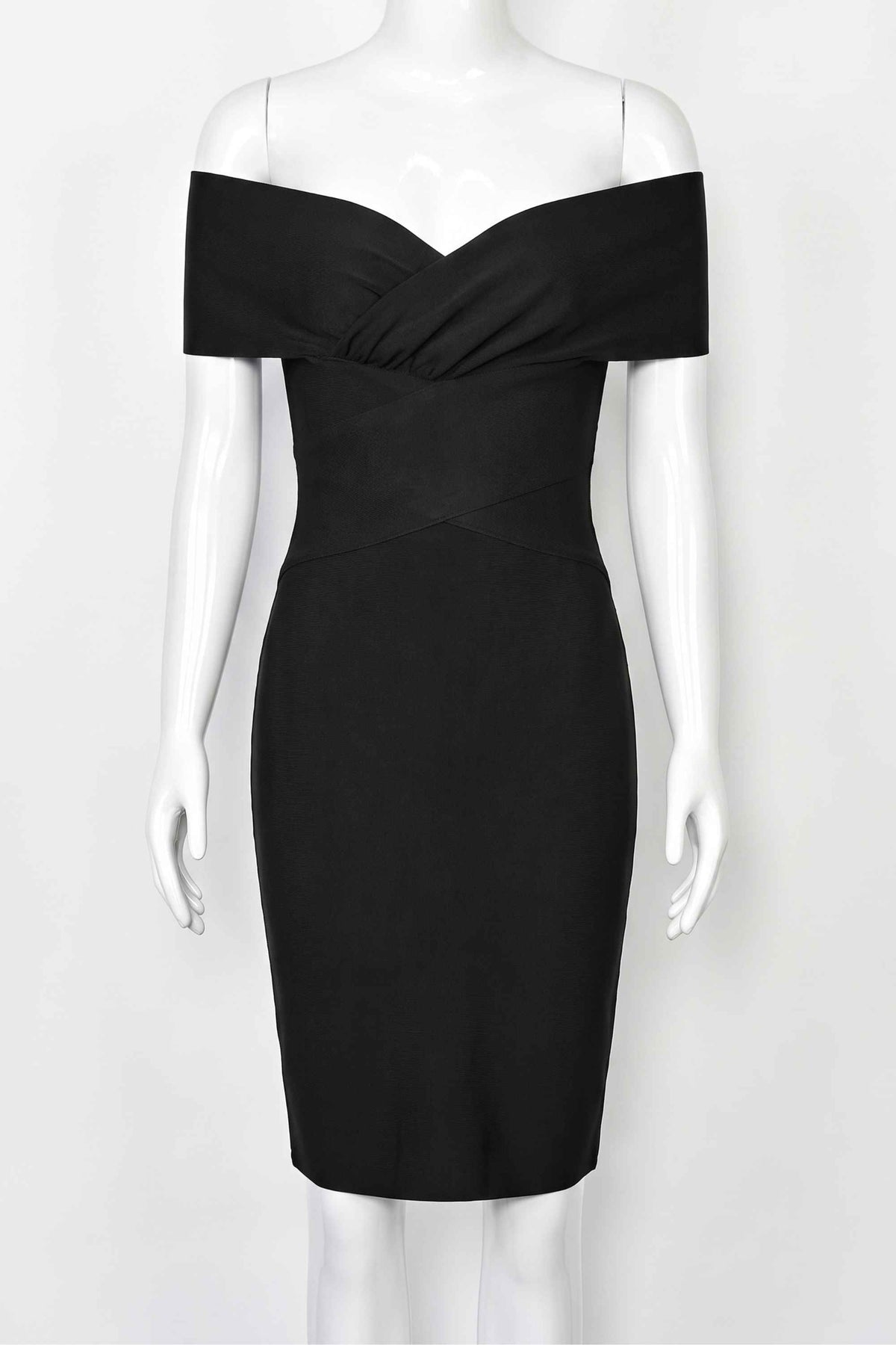 Woman wearing a figure flattering Bea Bandage Dress - Classic Black Bodycon Collection