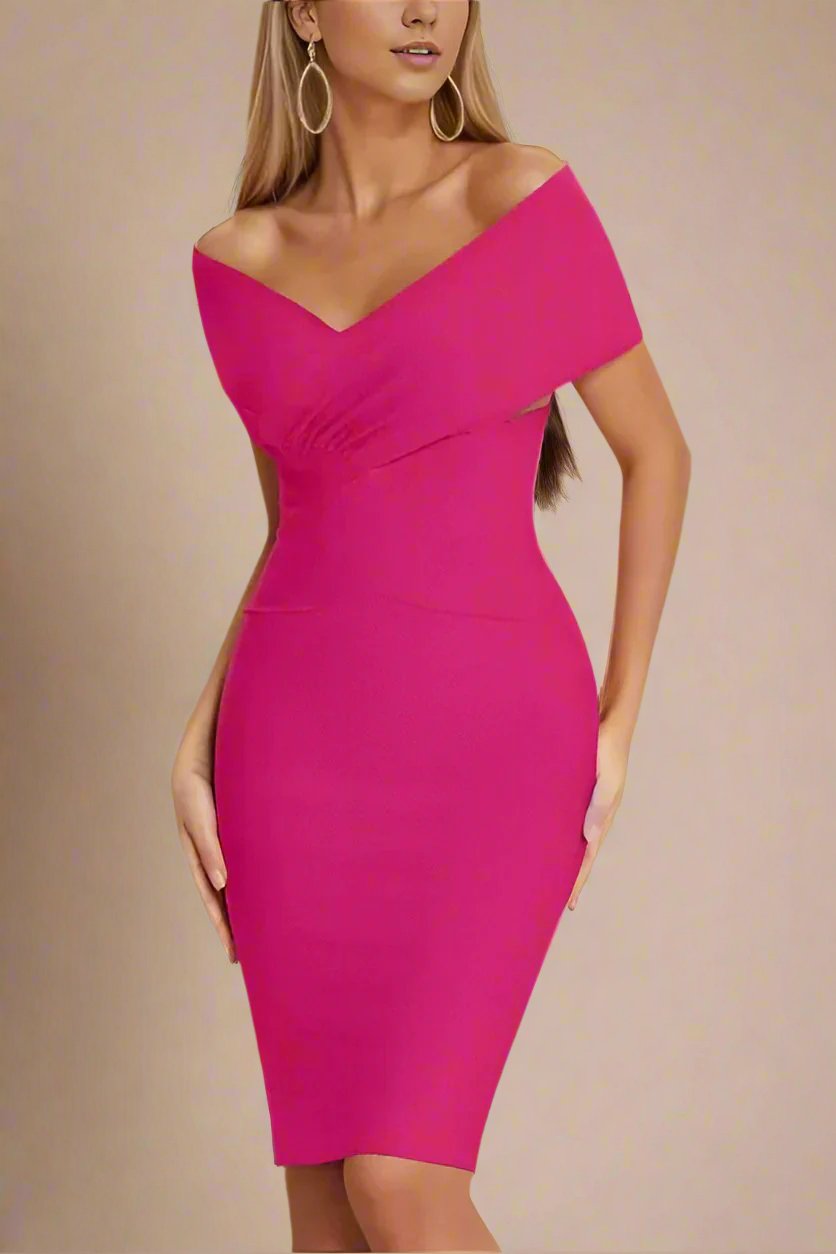 Woman wearing a figure flattering Bea Bandage Dress - Hot Pink Bodycon Collection