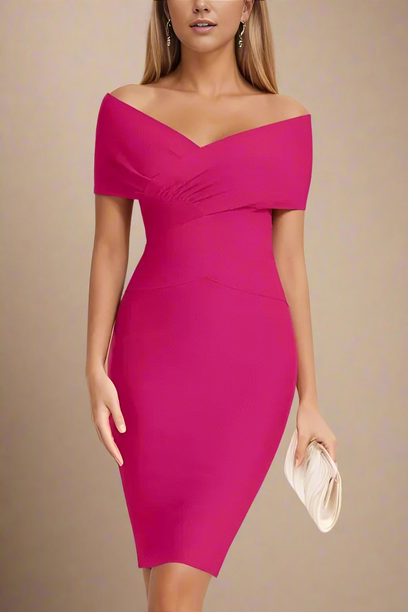 Woman wearing a figure flattering Bea Bandage Dress - Hot Pink Bodycon Collection