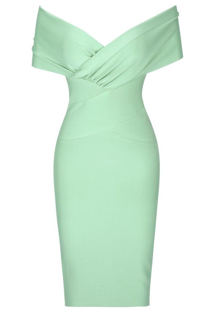 Woman wearing a figure flattering Bea Bandage Dress - Mint Green Bodycon Collection