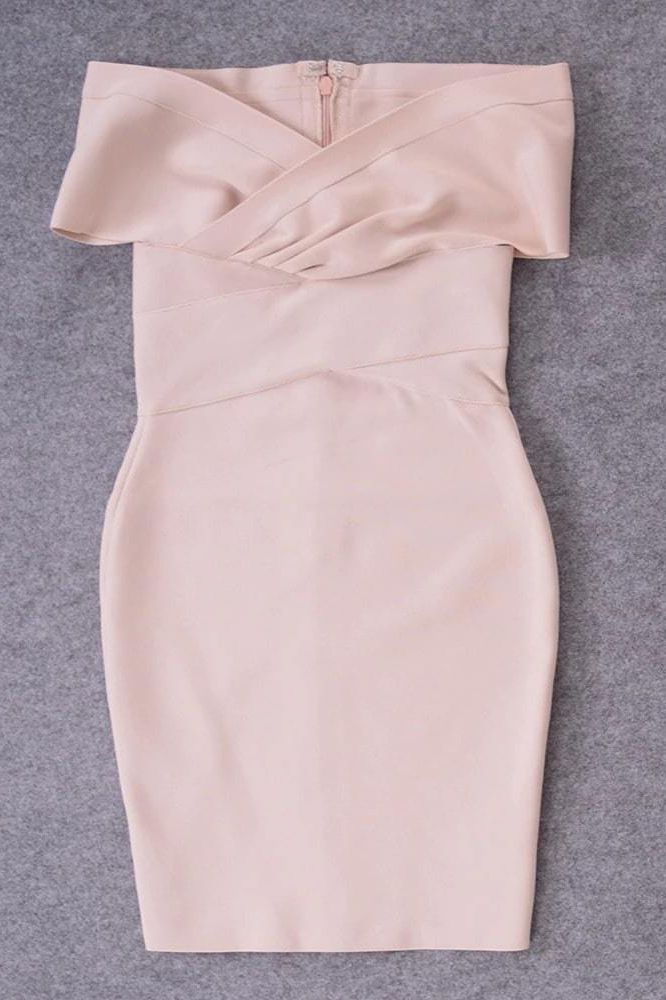 Woman wearing a figure flattering Bea Bandage Dress - Nude Bodycon Collection