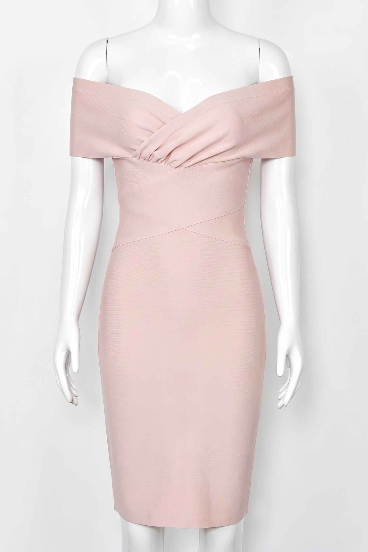 Woman wearing a figure flattering Bea Bandage Dress - Nude Bodycon Collection