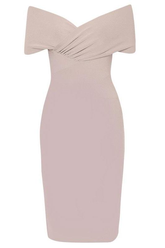 Woman wearing a figure flattering Bea Bandage Dress - Nude Bodycon Collection