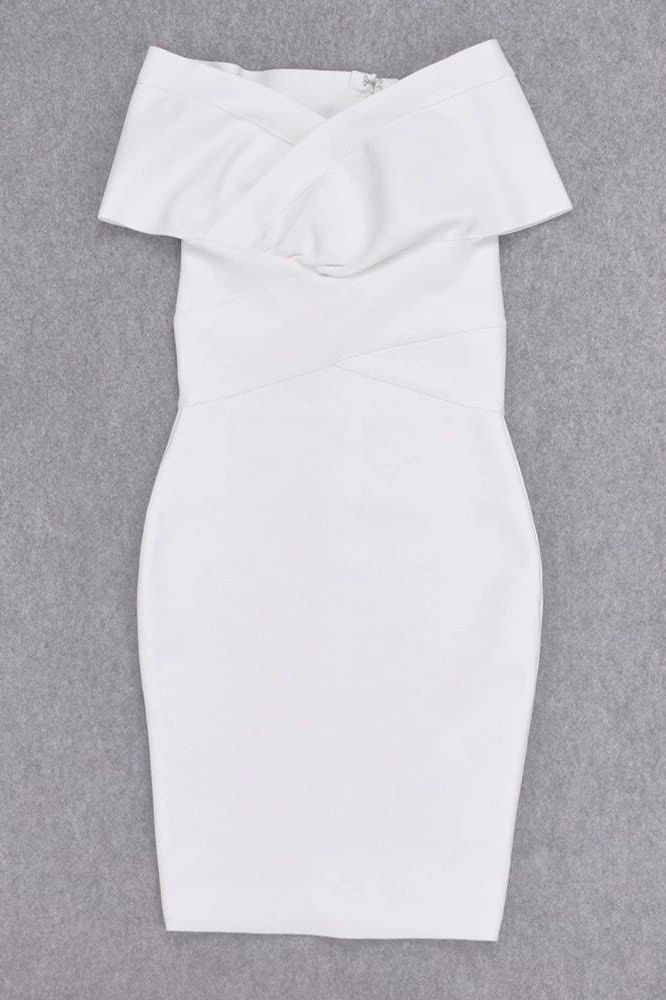 Woman wearing a figure flattering Bea Bandage Dress - Pearl White Bodycon Collection