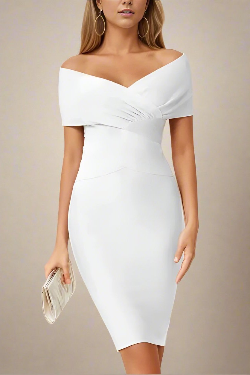 Woman wearing a figure flattering Bea Bandage Dress - Pearl White Bodycon Collection
