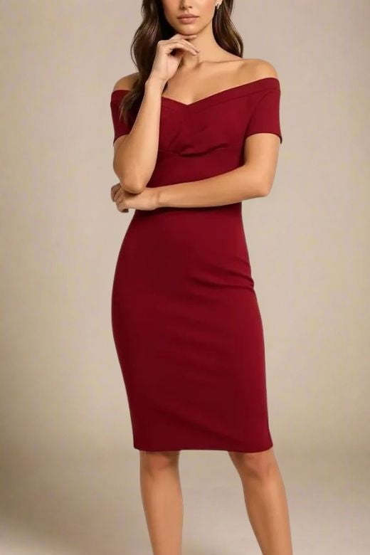 Woman wearing a figure flattering Bea Bandage Dress - Red Wine Bodycon Collection