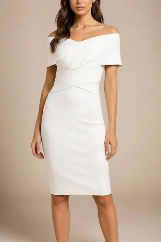 Woman wearing a figure flattering Bea Bandage Dress - White Pearl Bodycon Collection
