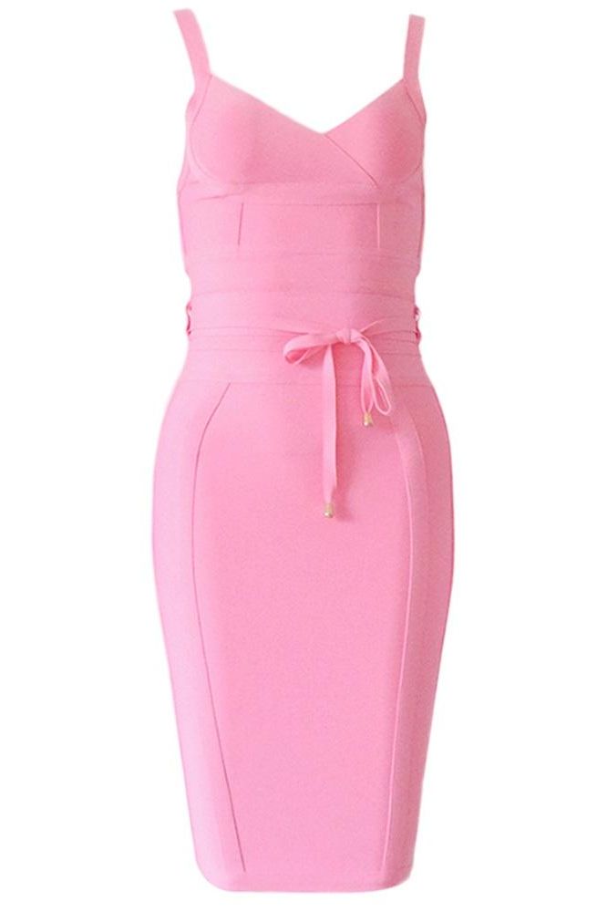 Woman wearing a figure flattering Bek Bandage Dress - Blush Pink Bodycon Collection