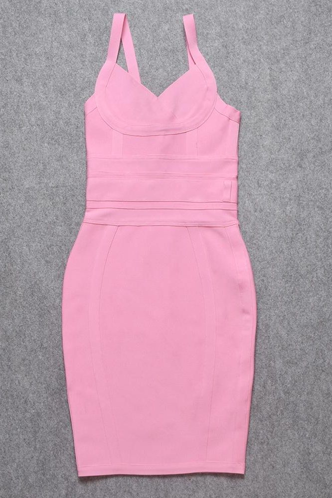 Woman wearing a figure flattering Bek Bandage Dress - Blush Pink Bodycon Collection
