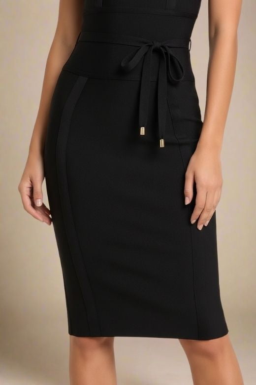 Woman wearing a figure flattering Bek Bandage Dress - Classic Black Bodycon Collection
