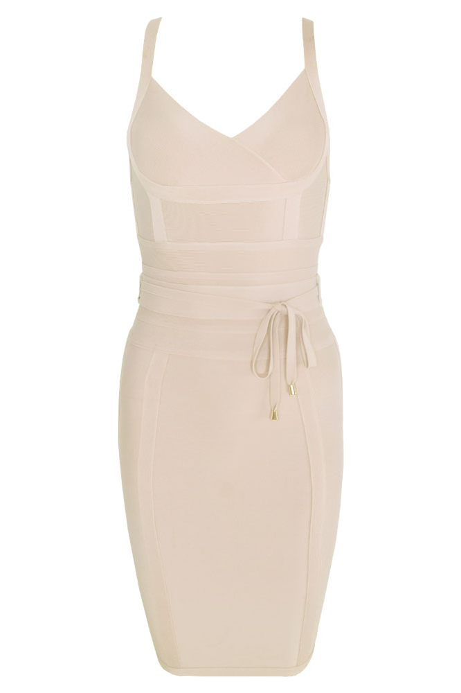 Woman wearing a figure flattering Bek Bandage Dress - Cream Bodycon Collection